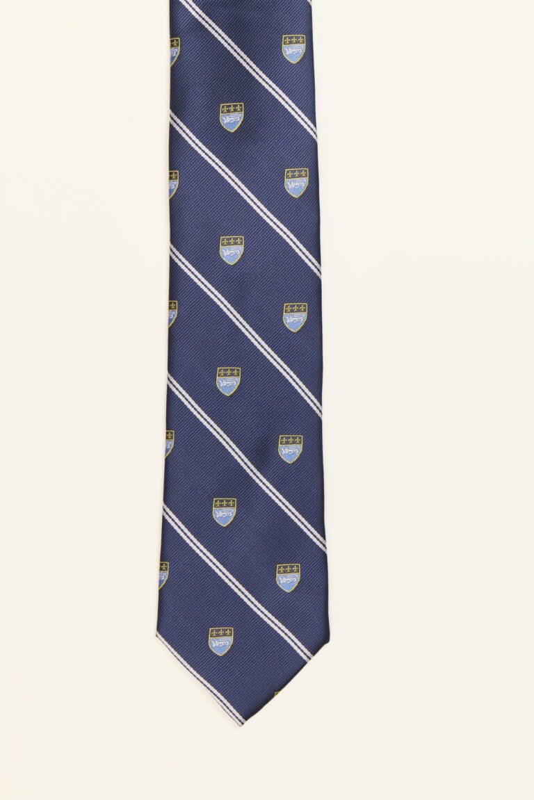 Corbata marino con patrón regimental de escudos y rayas diagonales, modelo PuroEgo
