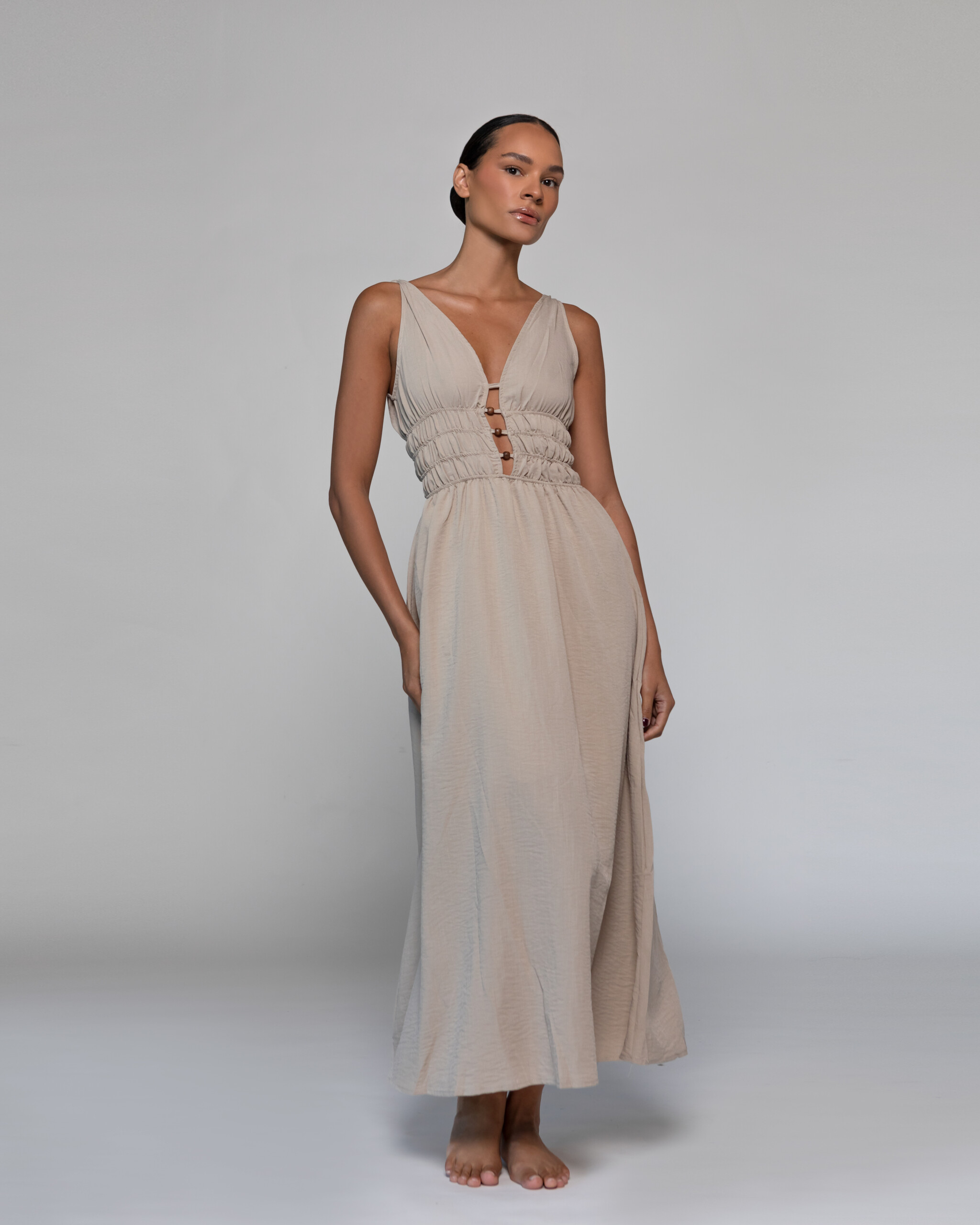 VESTIDO LARGO BEIGE NUDO & MADERA