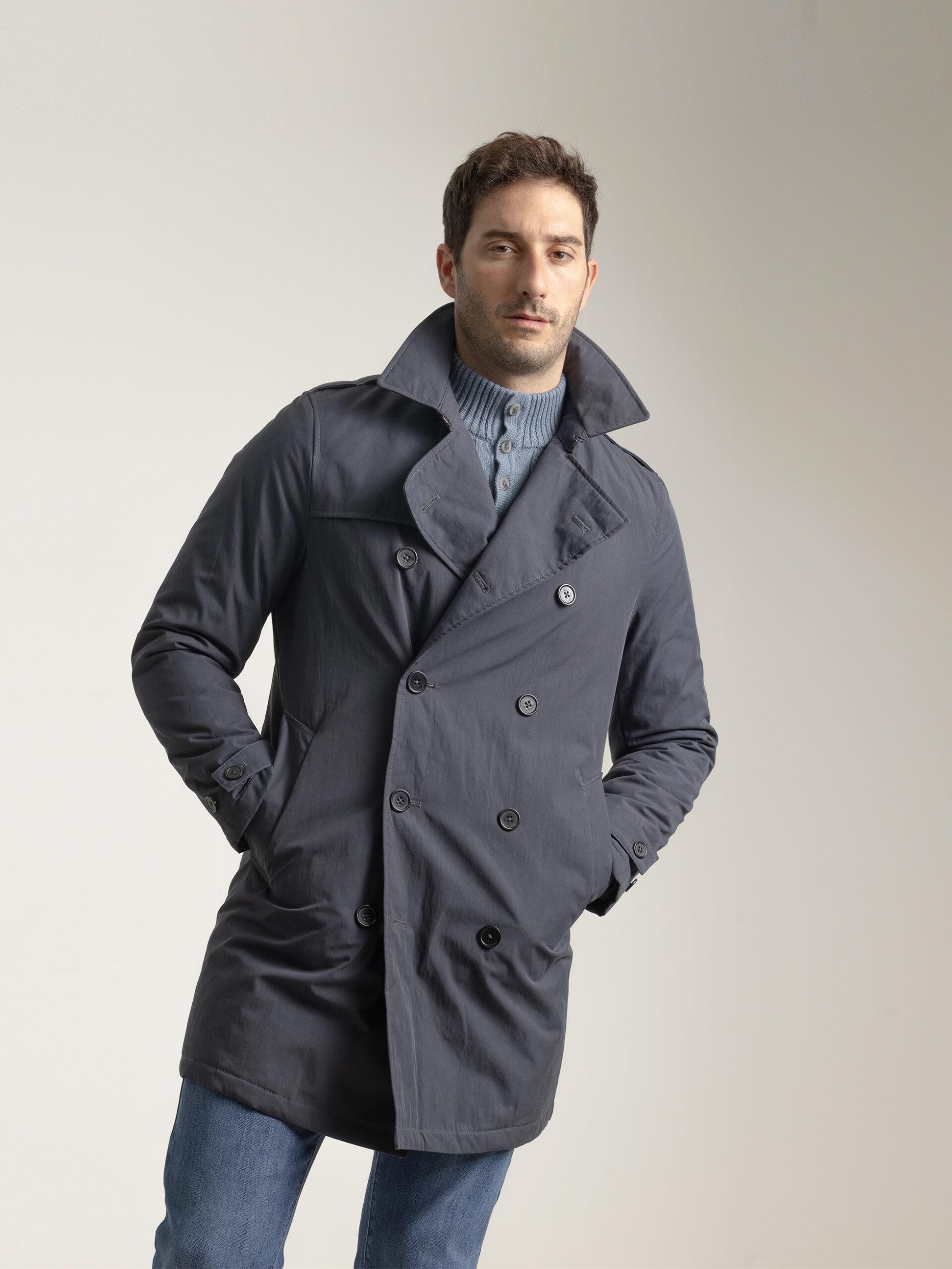 PuroEgo Abrigo Gris Pizarra Trench Doble Botonadura — Hombre
