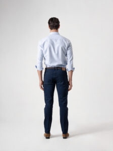 Pantalón cinco bolsillos azul marino de PuroEgo visto de espalda: dos bolsillos de parche, presillas y caída recta hasta el zapato.