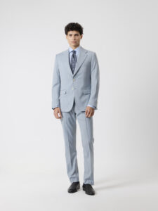 Traje celeste de dos piezas de PuroEgo con tejido de estructura, corte slim, vista de frente