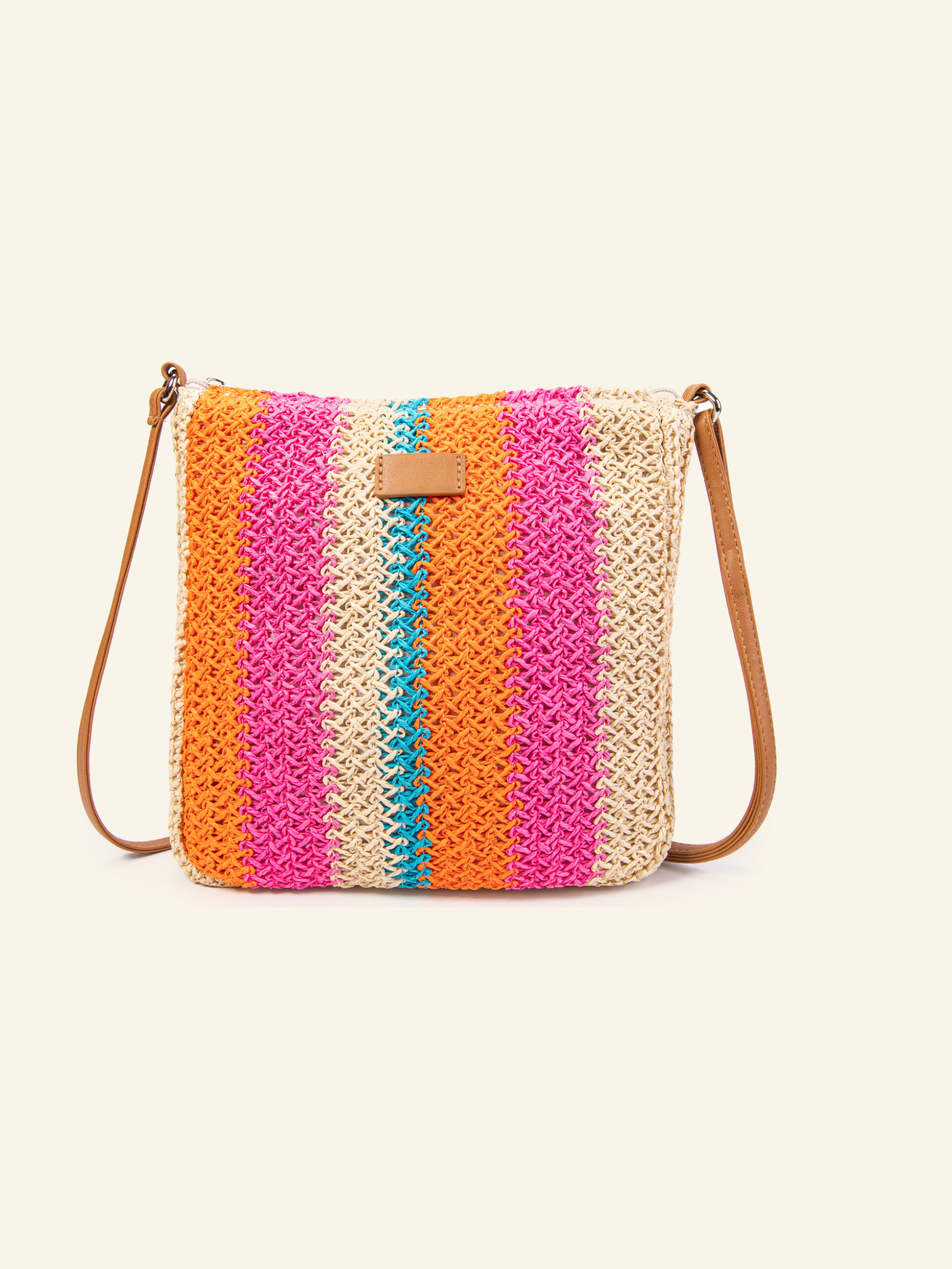Bandolera cuadrada de rafia multicolor Formentera, de frente