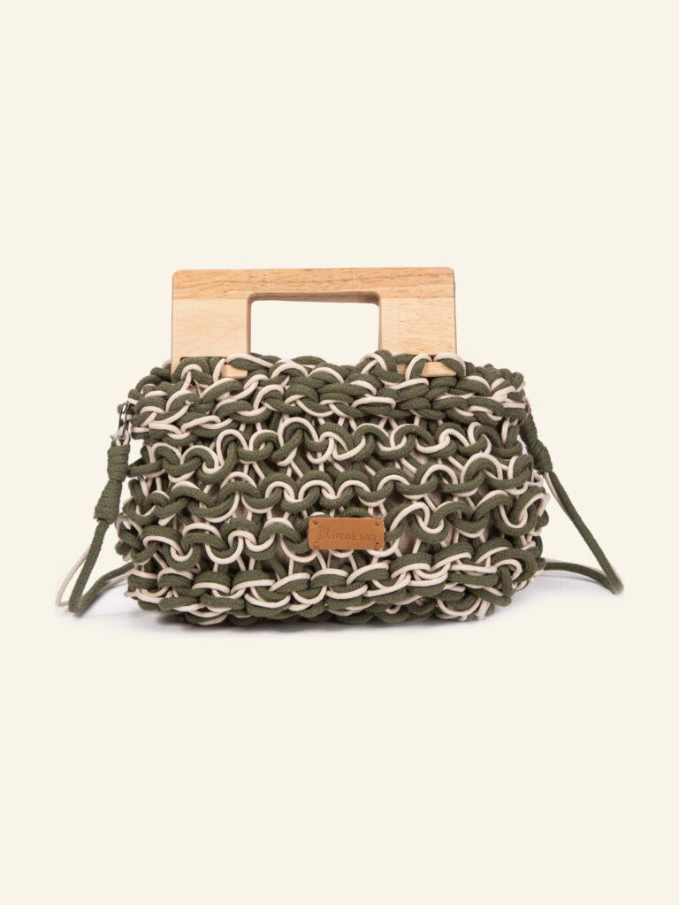 Cartera de mano de algodón verde y beige Formentera, de frente