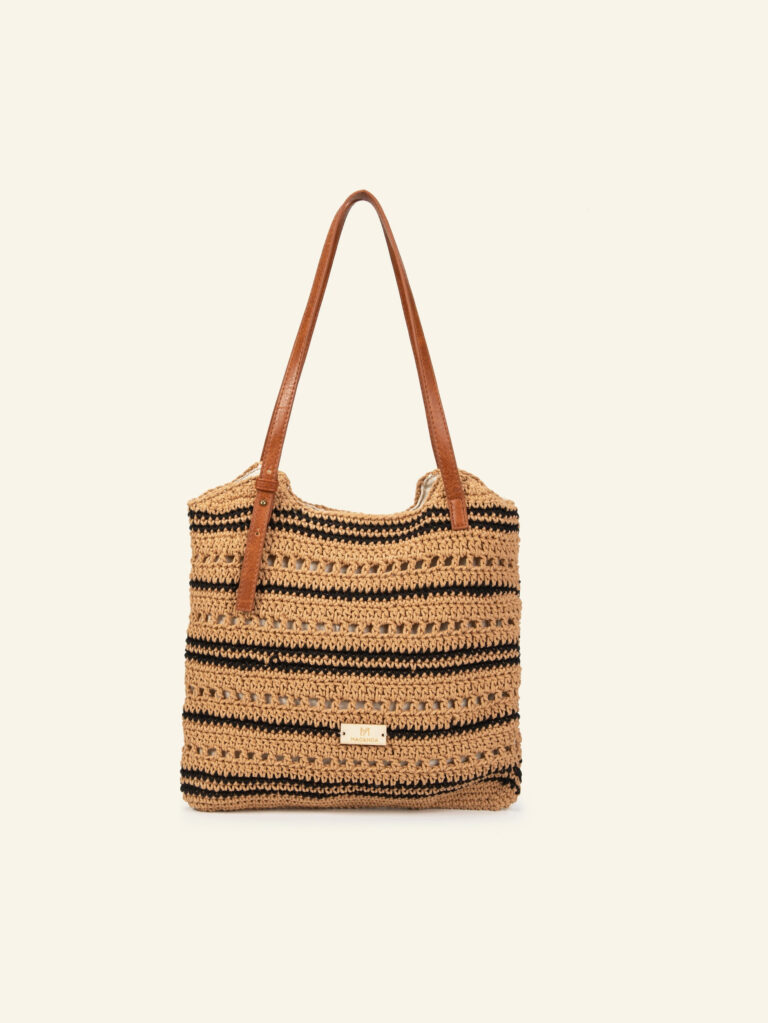 Cartera tote de algodón camel y negra Formentera, de frente