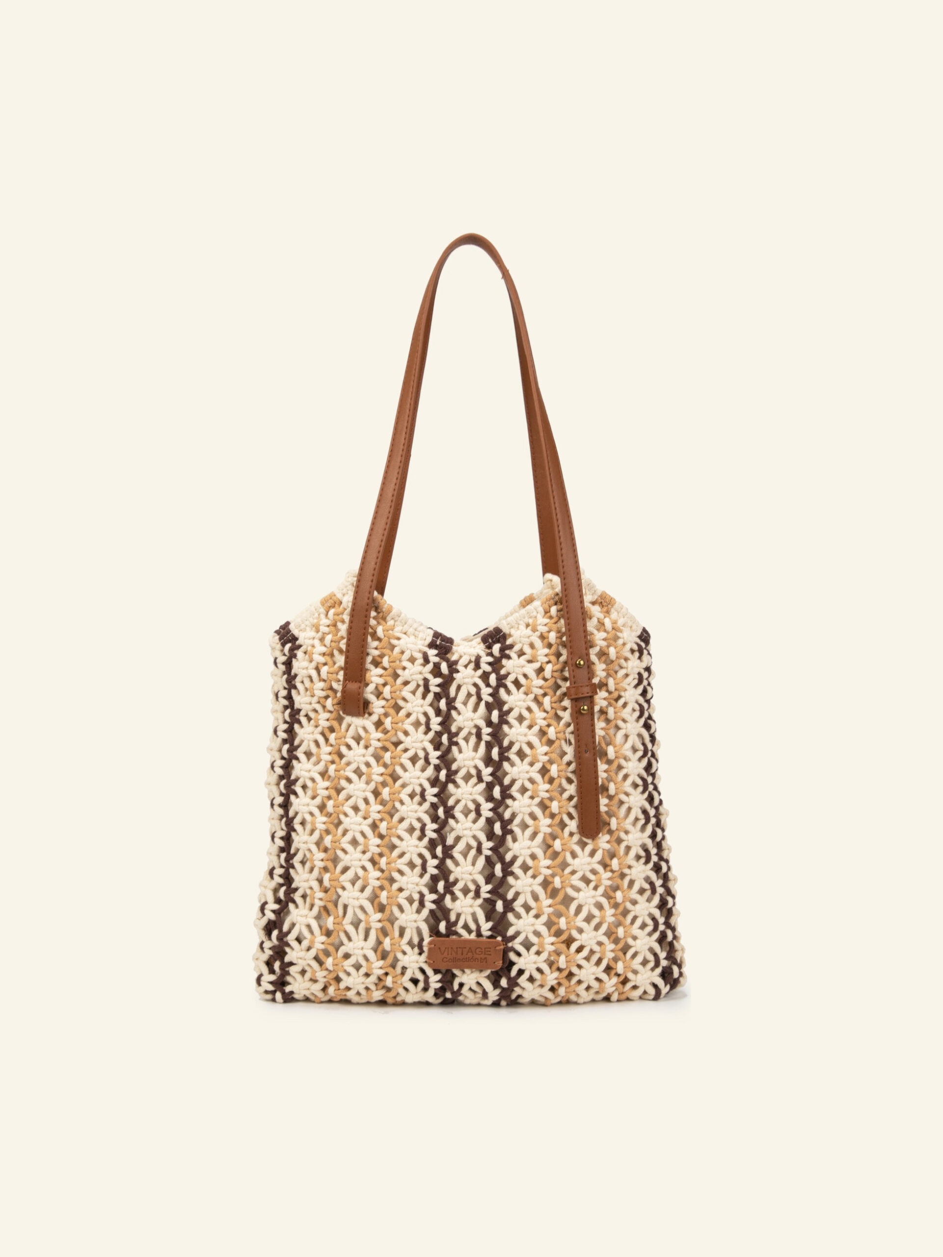 Cartera tote de algodón cruda y café Formentera, de frente