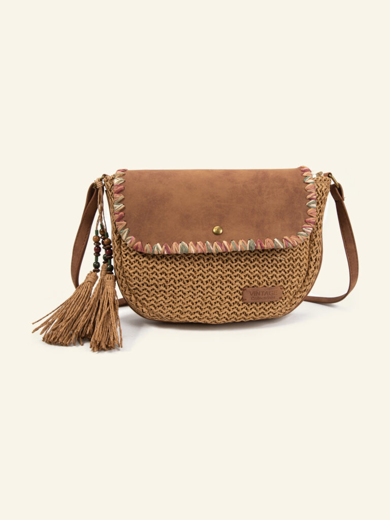 Cartera de rafia color natural con borlas Formentera, de frente