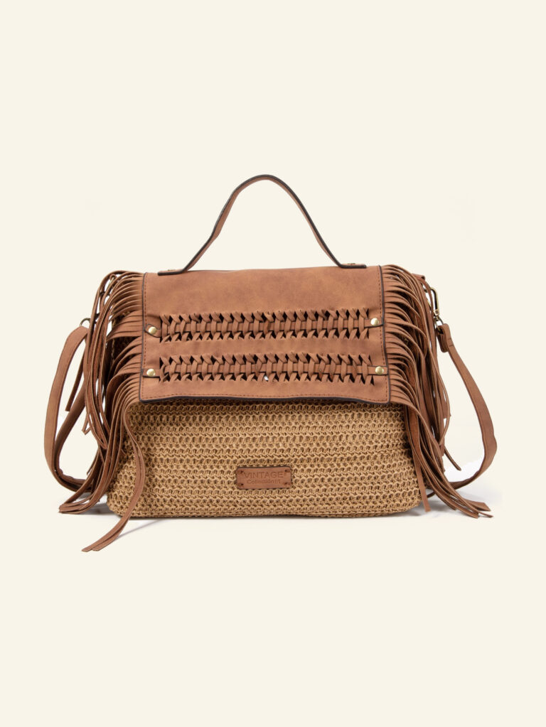 Cartera de rafia color natural con flecos Formentera, de frente
