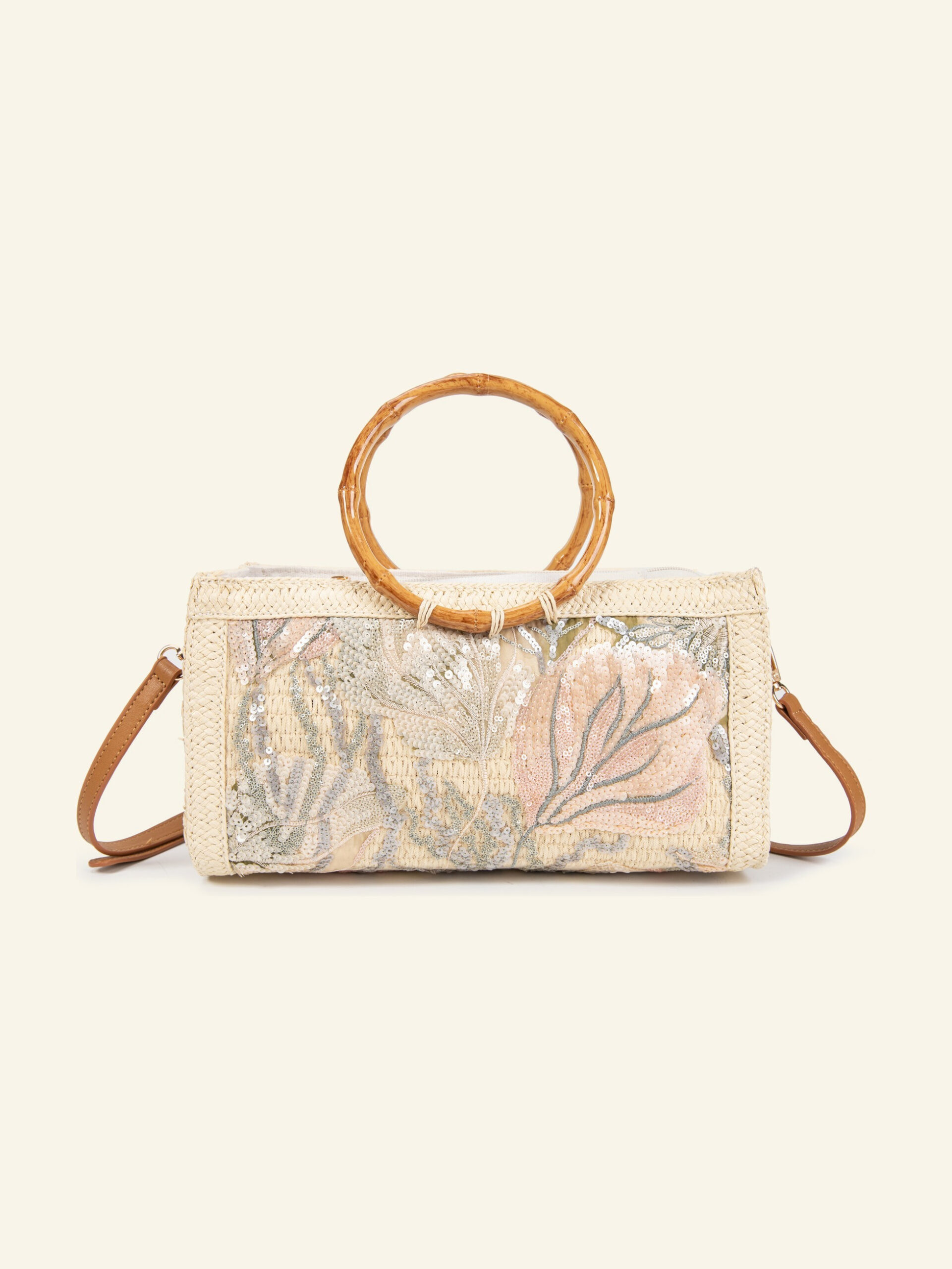 Cartera de rafia beige con lentejuelas Formentera, de frente
