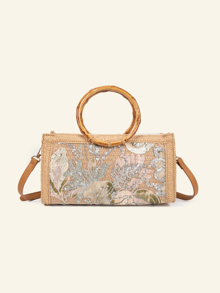 Cartera de rafia color natural con lentejuelas Formentera, de frente