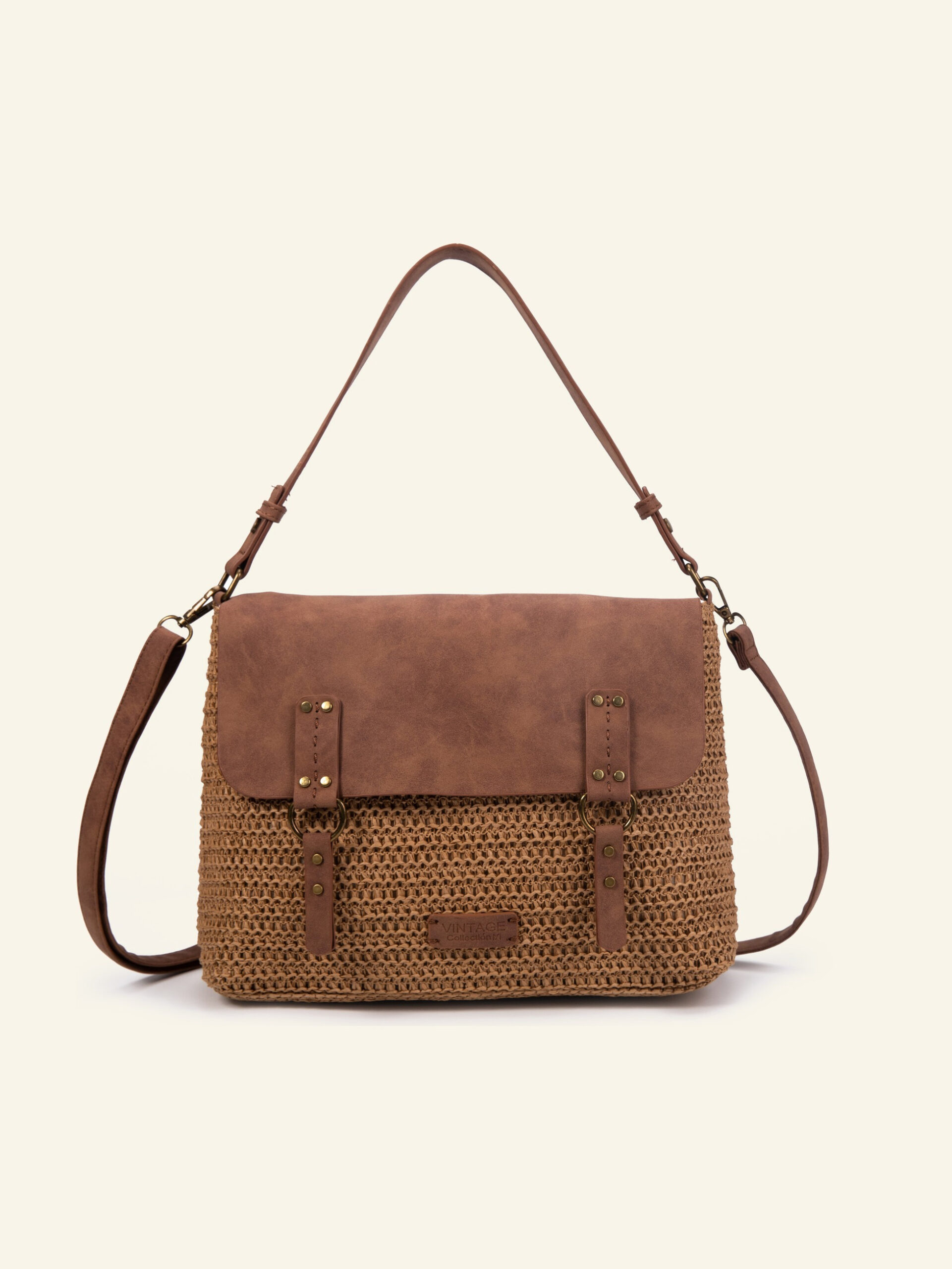 Cartera de hombro de rafia color natural Formentera, de frente