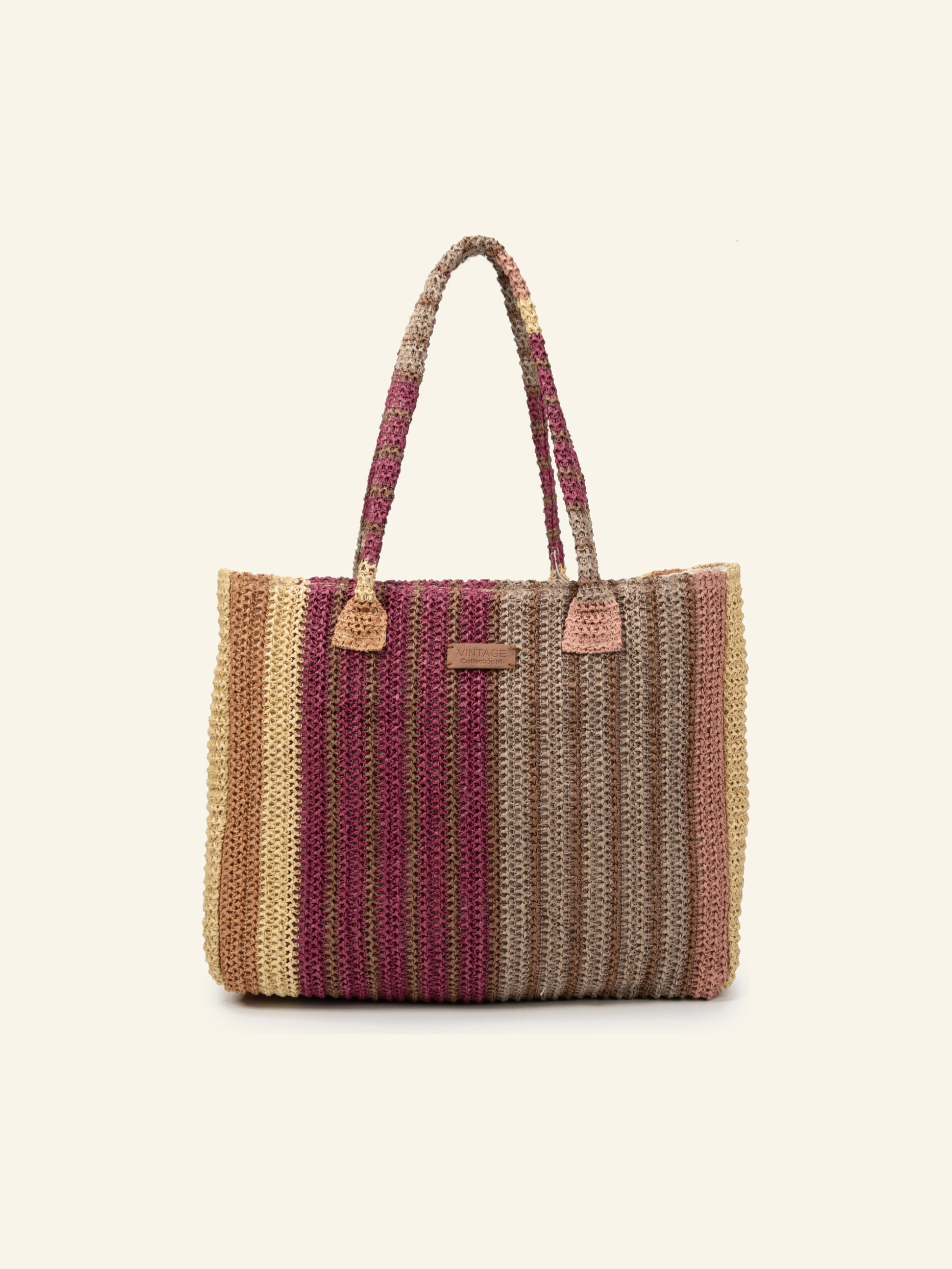 Cartera tote de rafia rosada y café Formentera, de frente