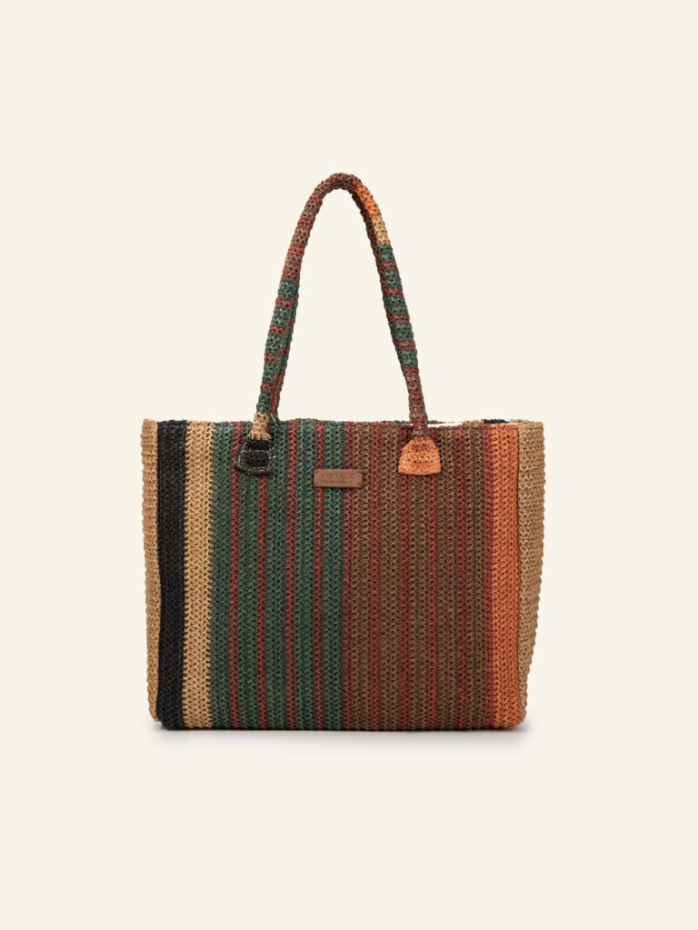 Cartera tote de rafia verde y café Formentera, de frente