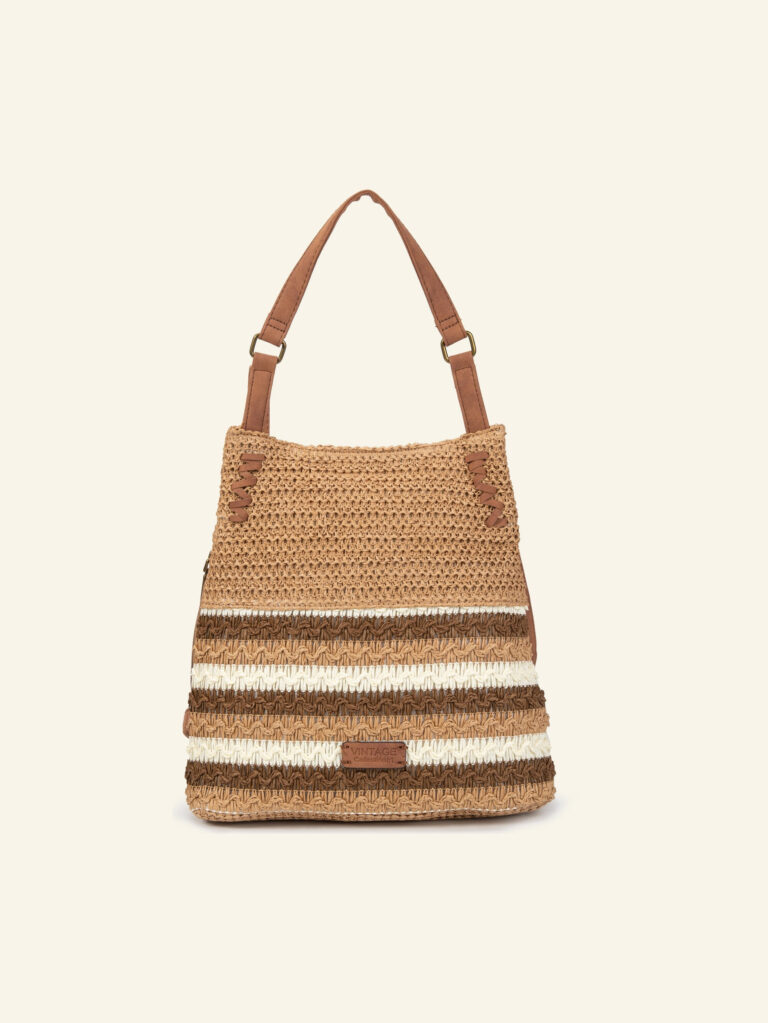 Mochila de rafia color natural con rayas café Formentera, de frente