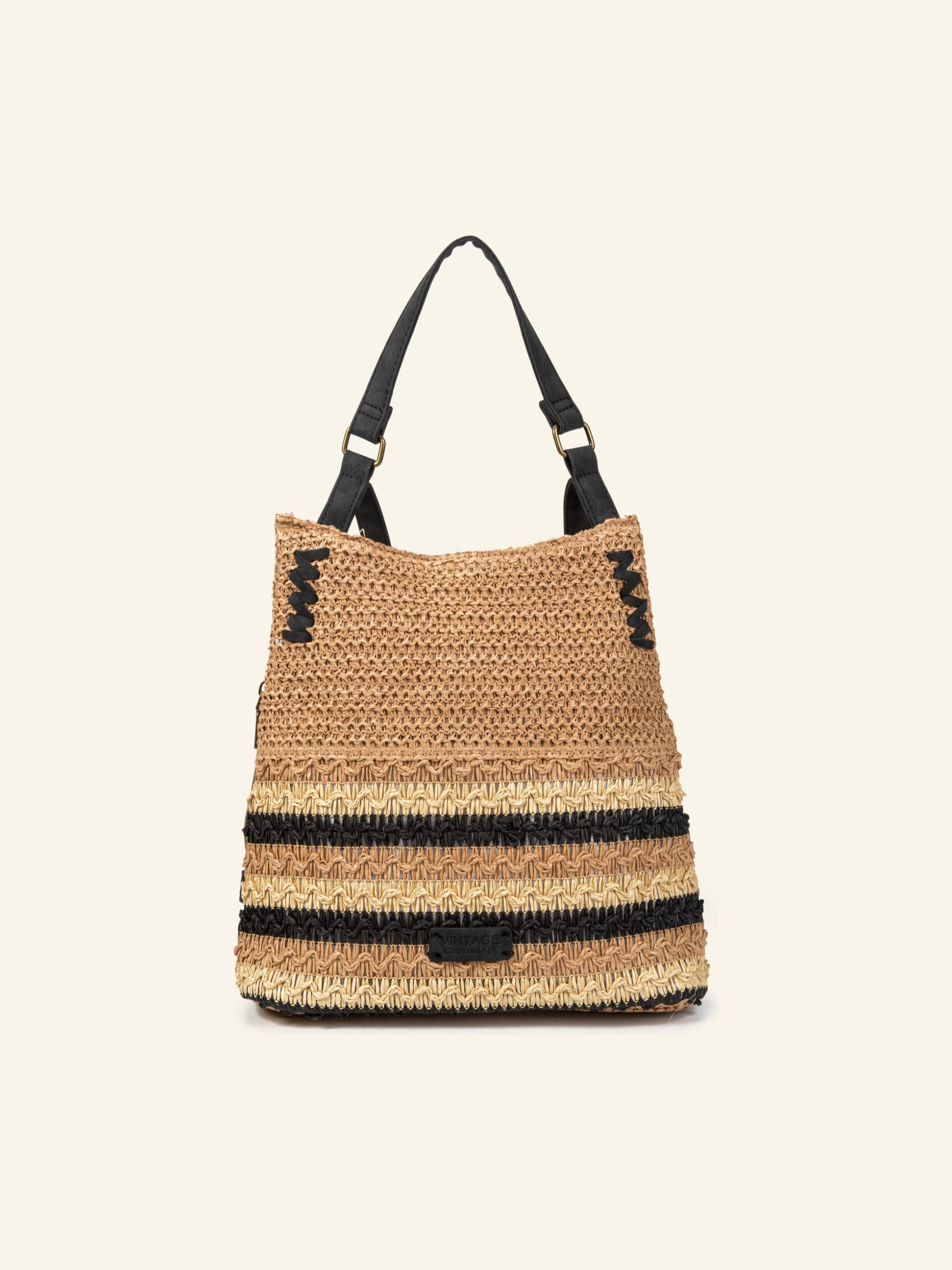 Mochila de rafia color natural con rayas negras Formentera, de frente