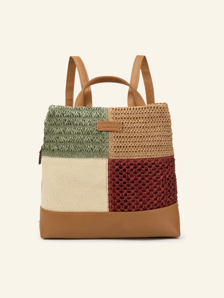Mochila patchwork de rafia multicolor Formentera, de frente